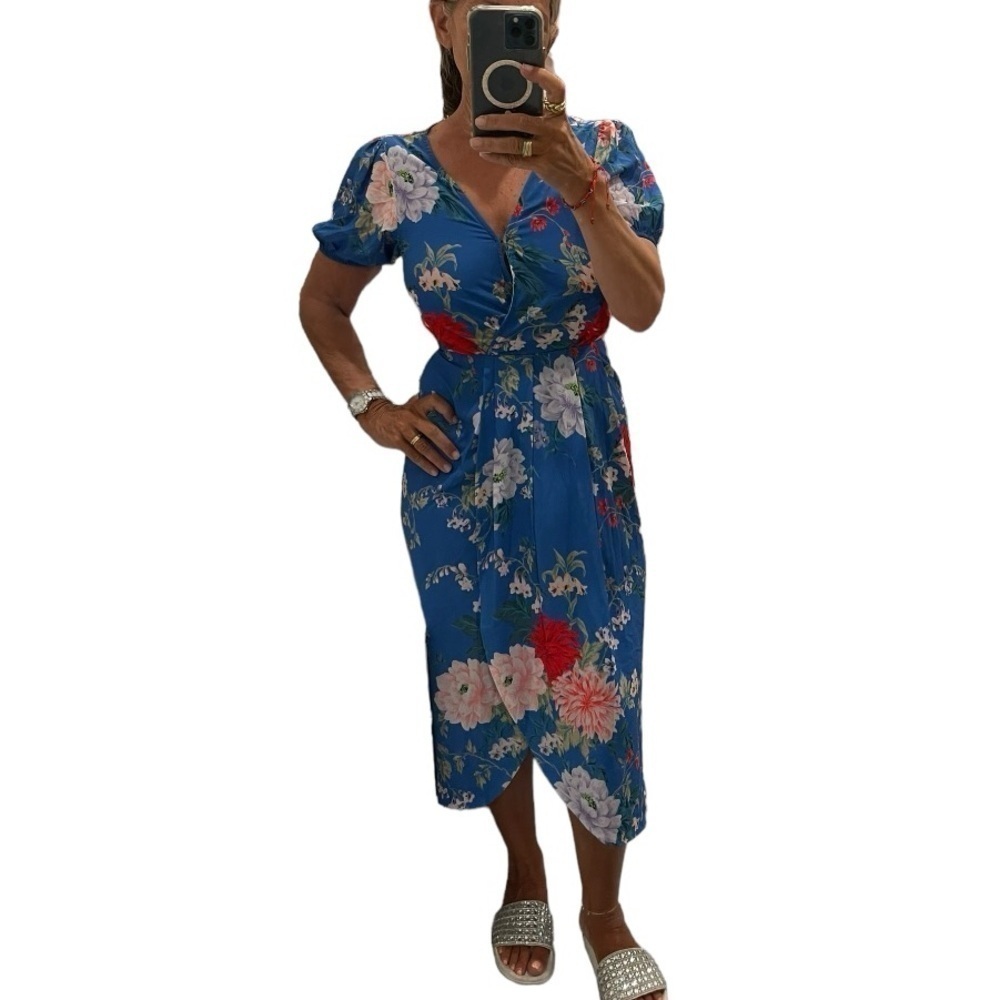 Yumi Kim Blue Floral Print Short Sleeve Midi Dress.Size S